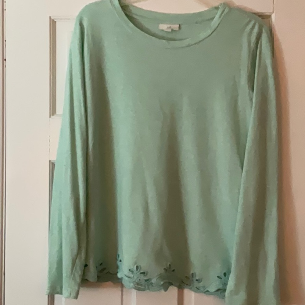 JJill Mint Green Knit Top with Scalloped and Embroidered Hem